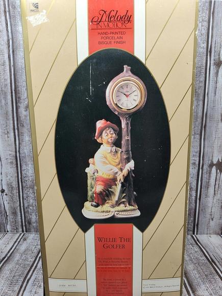 New 1993 Melody In Motion Willie The Golfer Handpaint Porcelin Bisque Clock NIB - Picture 3 of 13